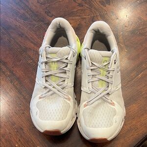 On Running Cloud X Shoes in Light Gray and Neon Yellow